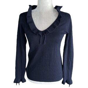 Tyler Boe Navy Blue Cashmere Blend Ruffle Collar Bow Tie Sleeve Sweater - XS